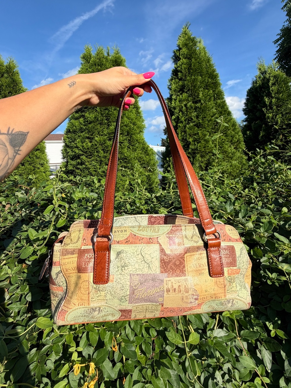 Vintage Fossil Map Print Leather Shoulder Bag Y2K Travel Italian Summer Purse